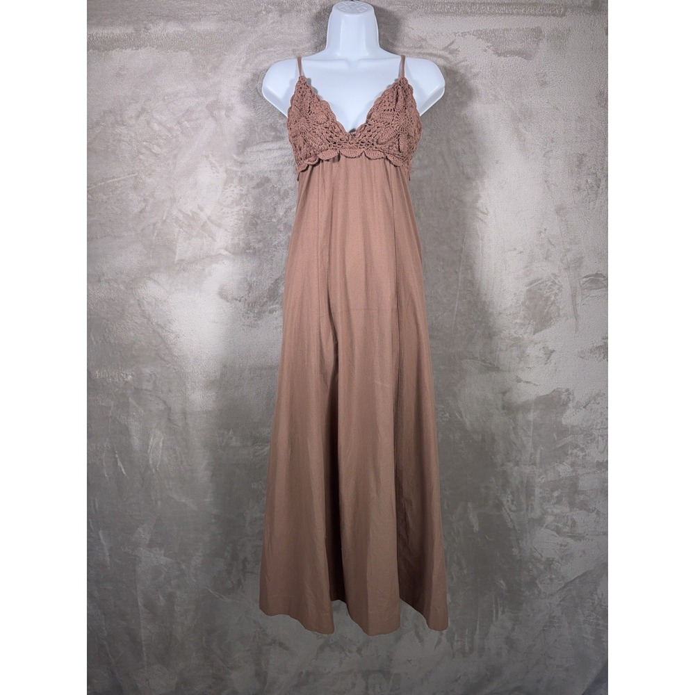 Free People Adella Maxi Slip Dress Womens Small Dusty Brown Crochet Lace Pilgrim